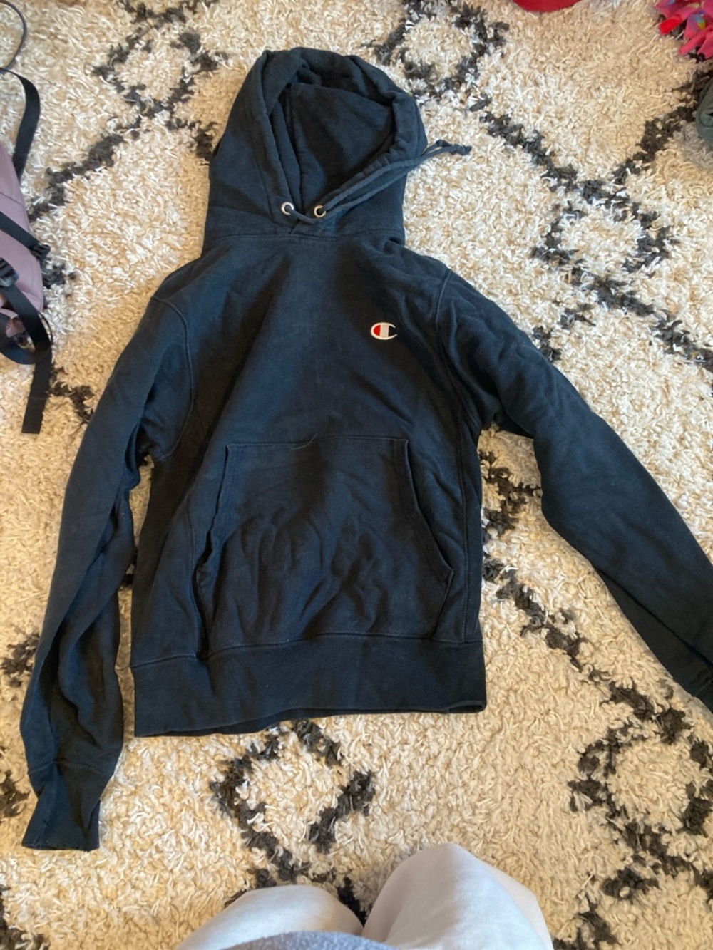Champion Black Hoodie with Blue Logo Tag